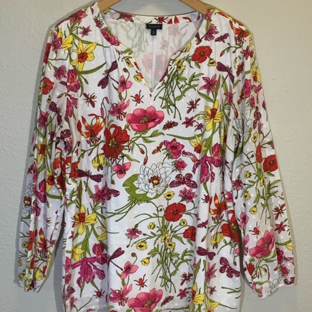 Talbots XL Floral Butterfly Swiss Dot Blouse Boho Cottagecore Garden Girl